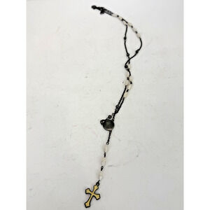 Black White Beaded Rosary Necklace Cross Pendant Catholic Prayer Chain
